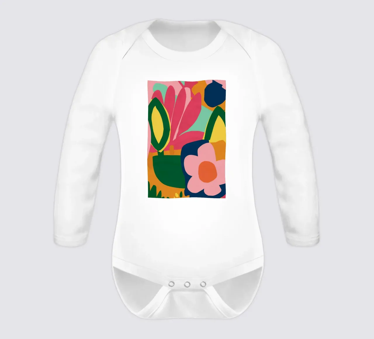 Chromatic Petal Dance long-sleeve baby romper by Ember Stone