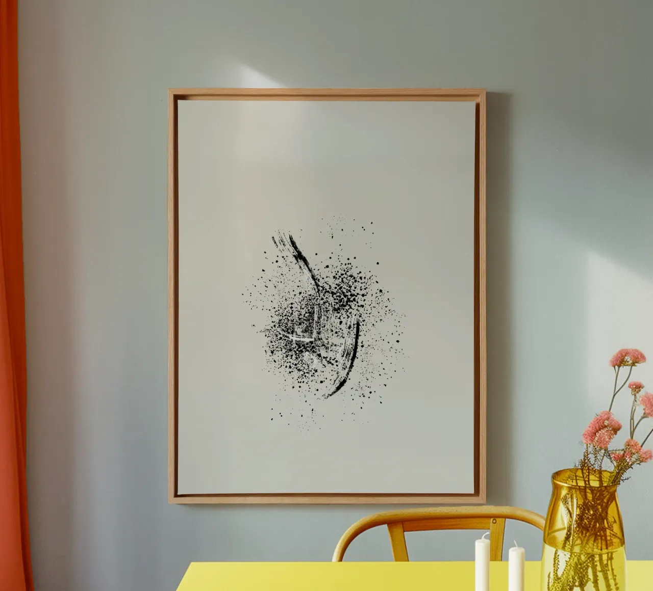 Paint splatters with white and black lines canvas met Baklijst van Imaginative