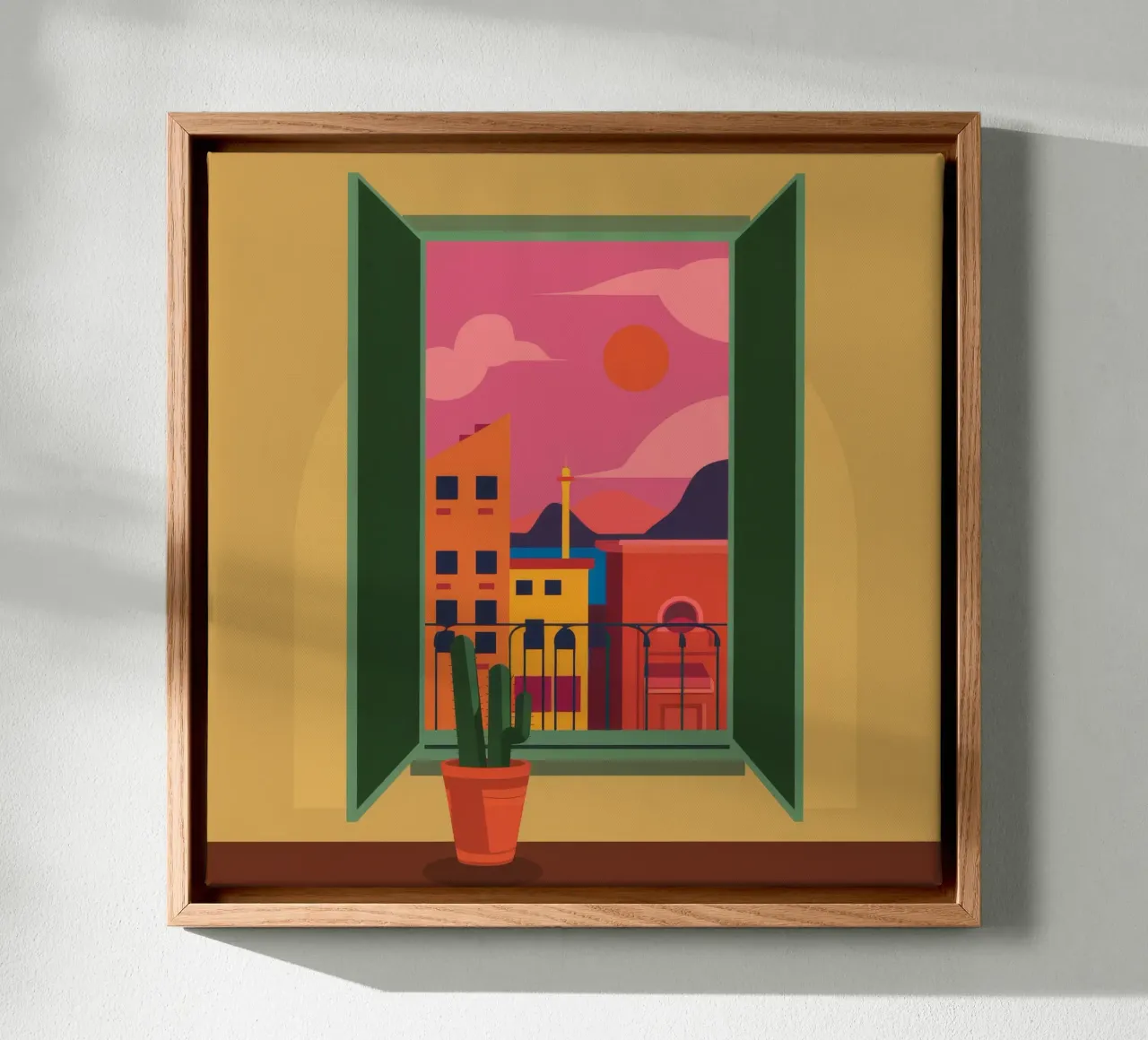 Sereniteit Balkon bij Zonsondergang canvas met Baklijst van Ember Stone