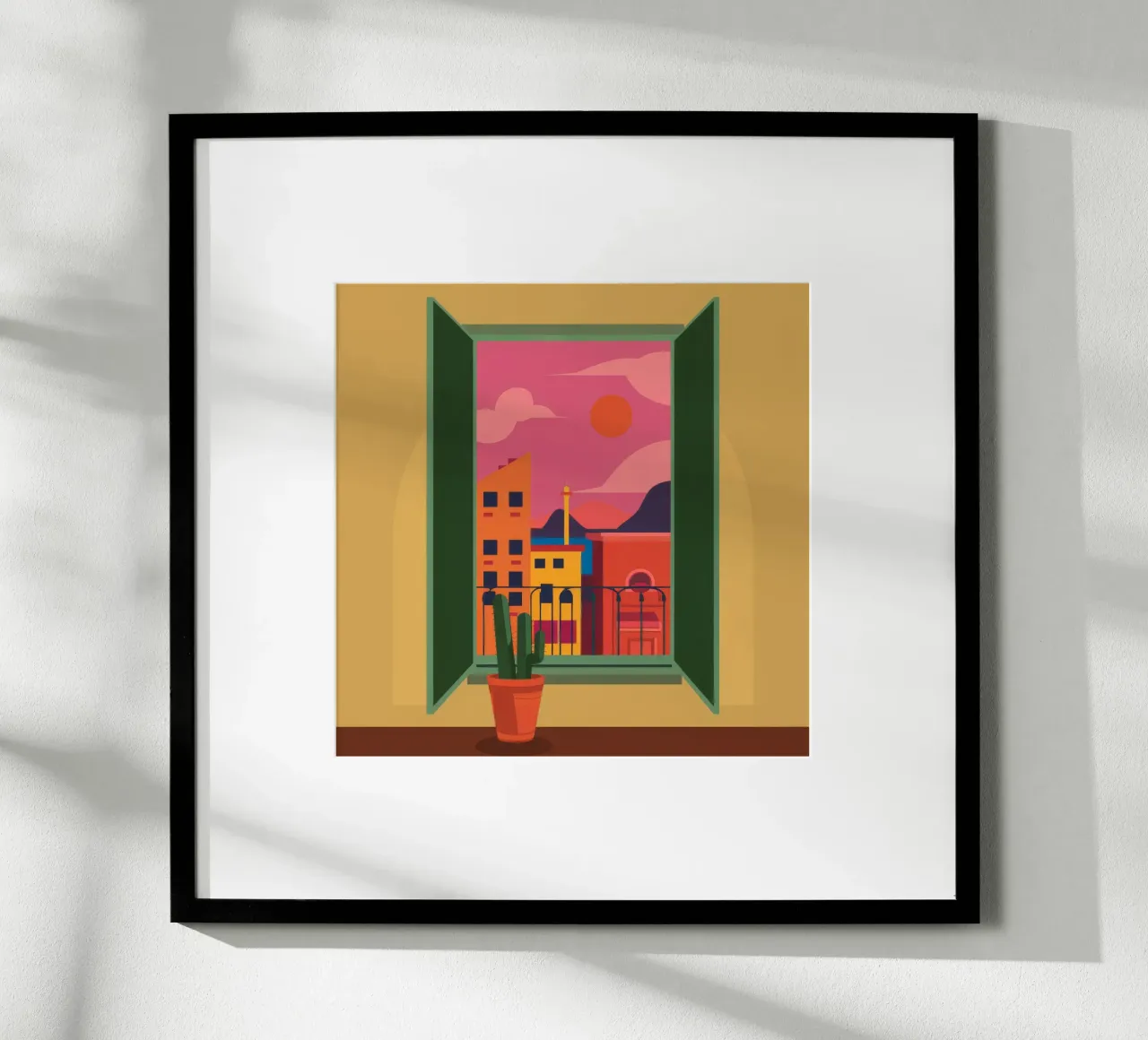 Serenità del balcone al tramonto poster con telaio in plastica da Ember Stone