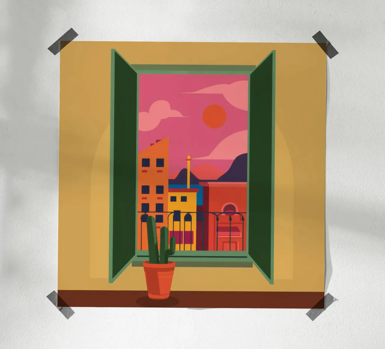 Serenità del balcone al tramonto poster con telaio in plastica da Ember Stone