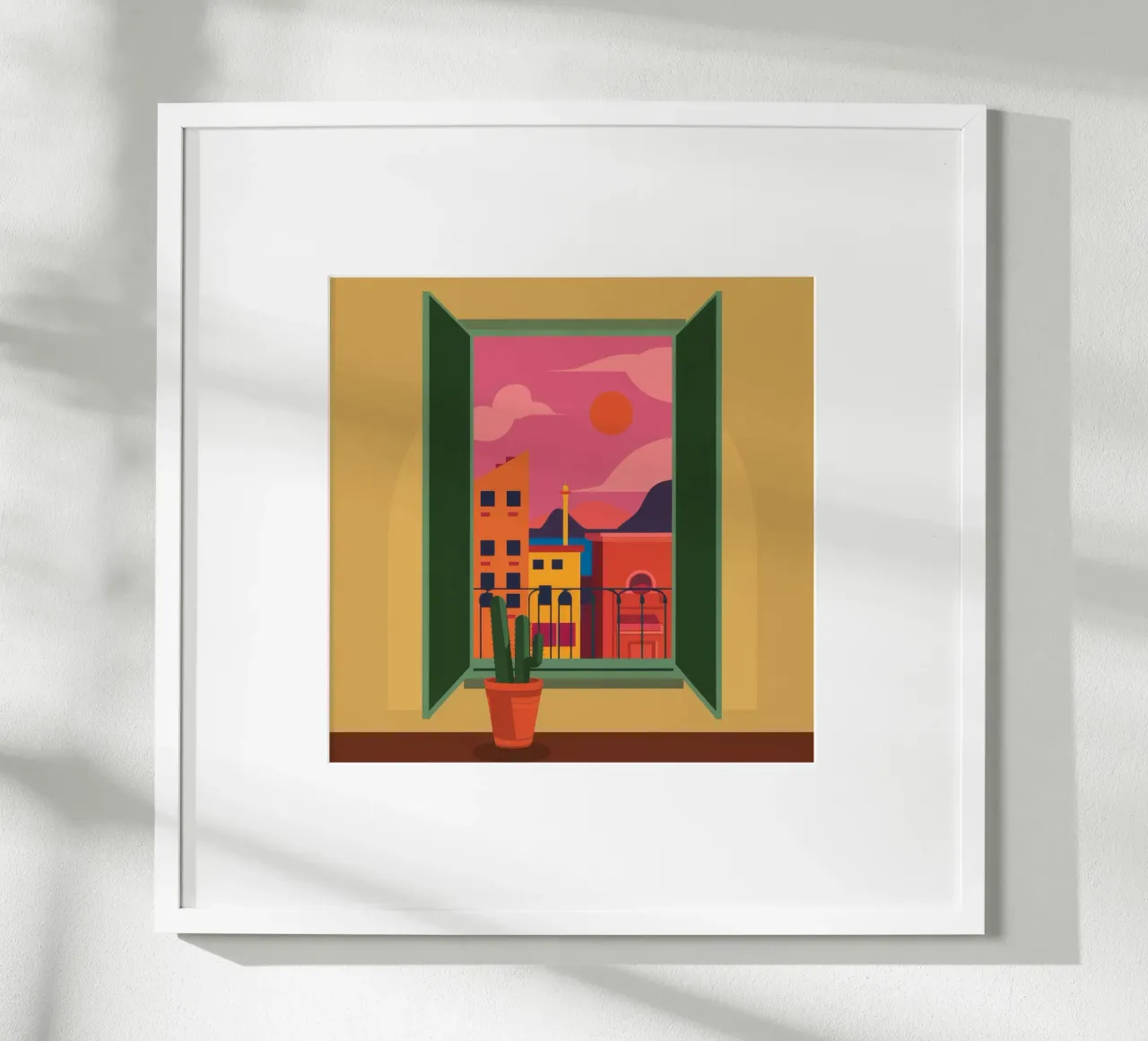 Serenità del balcone al tramonto poster con telaio in plastica da Ember Stone