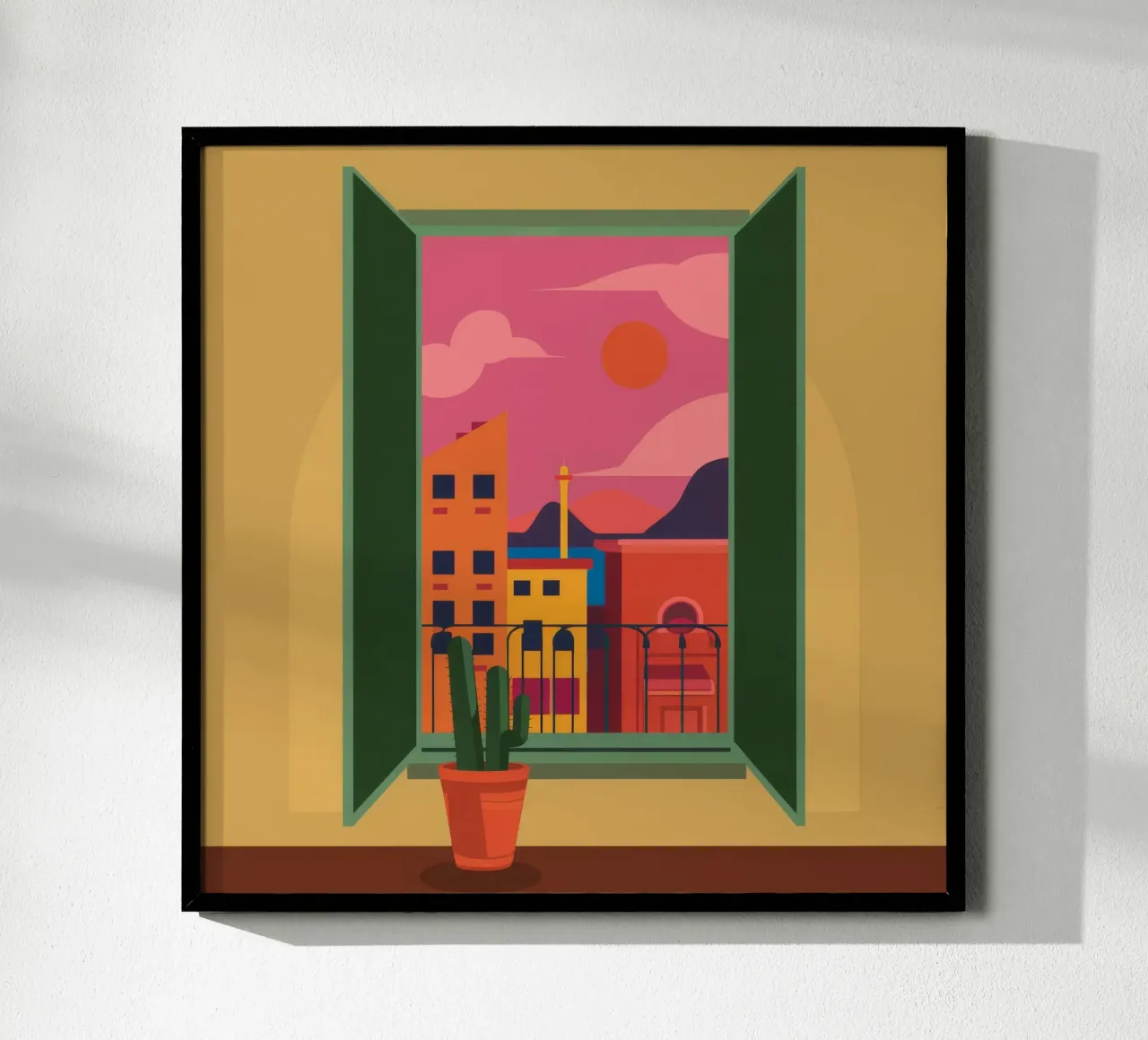 Serenità del balcone al tramonto poster con telaio in plastica da Ember Stone