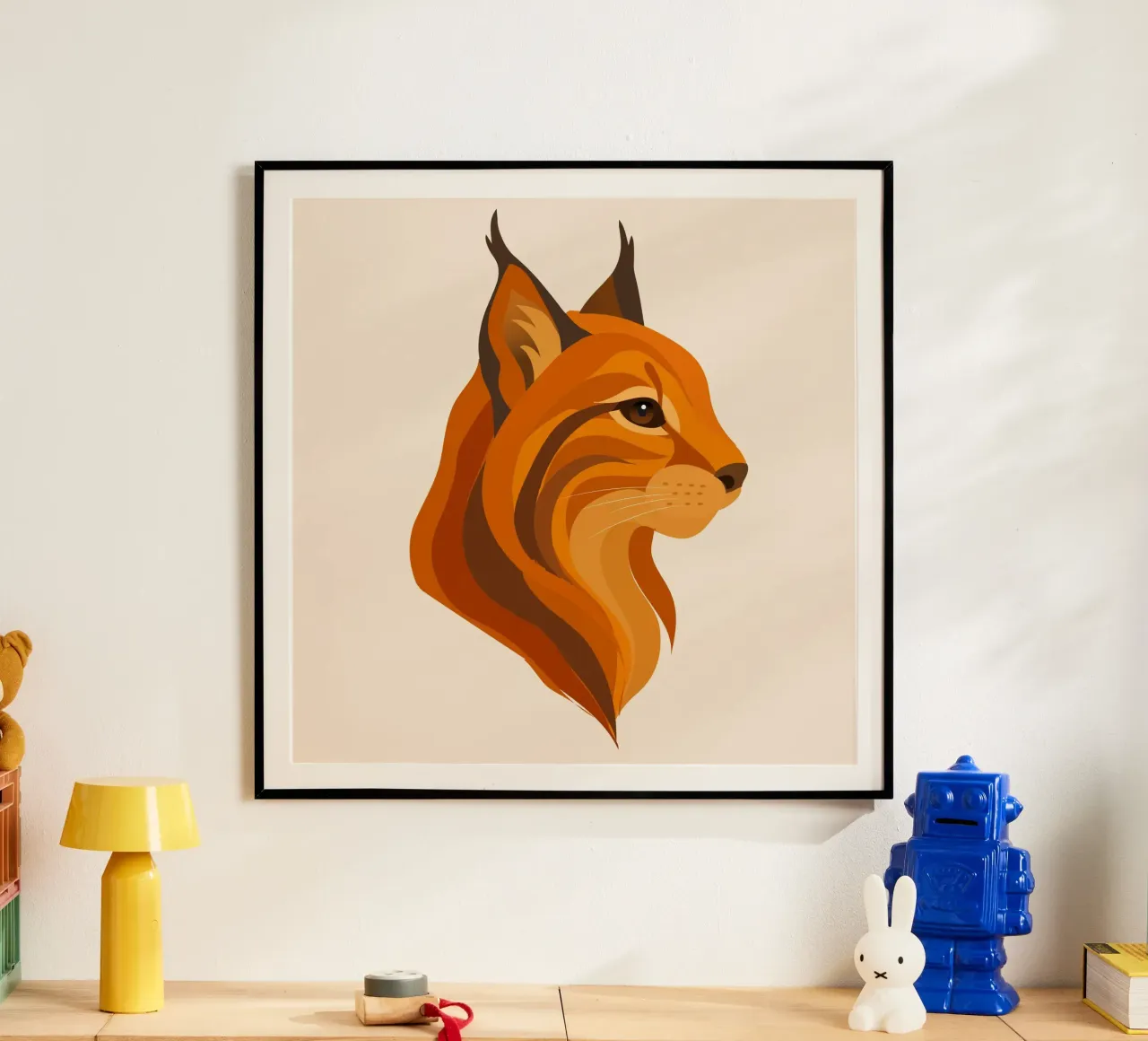 Elegante testa di lince - Potente gatto selvatico dai colori caldi poster con telaio in legno da namosh