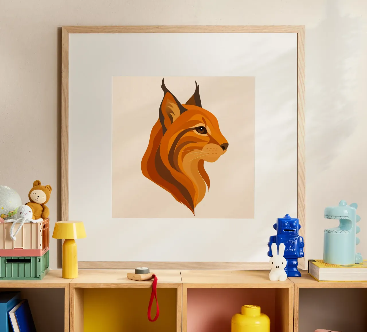 Elegante testa di lince - Potente gatto selvatico dai colori caldi poster con telaio in legno da namosh