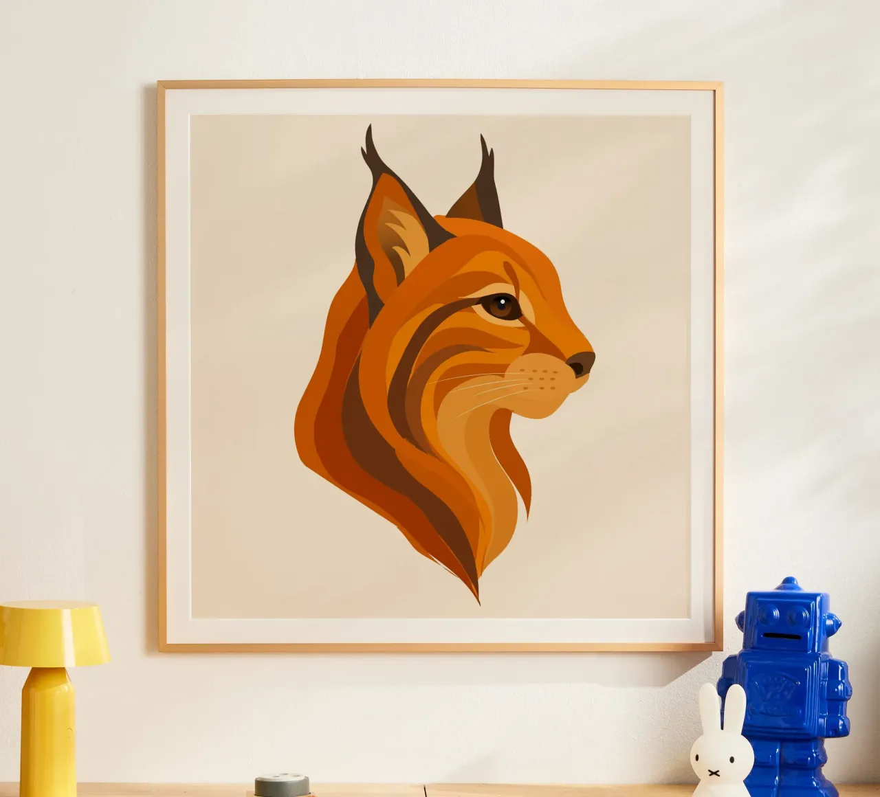 Elegante testa di lince - Potente gatto selvatico dai colori caldi poster con telaio in legno da namosh