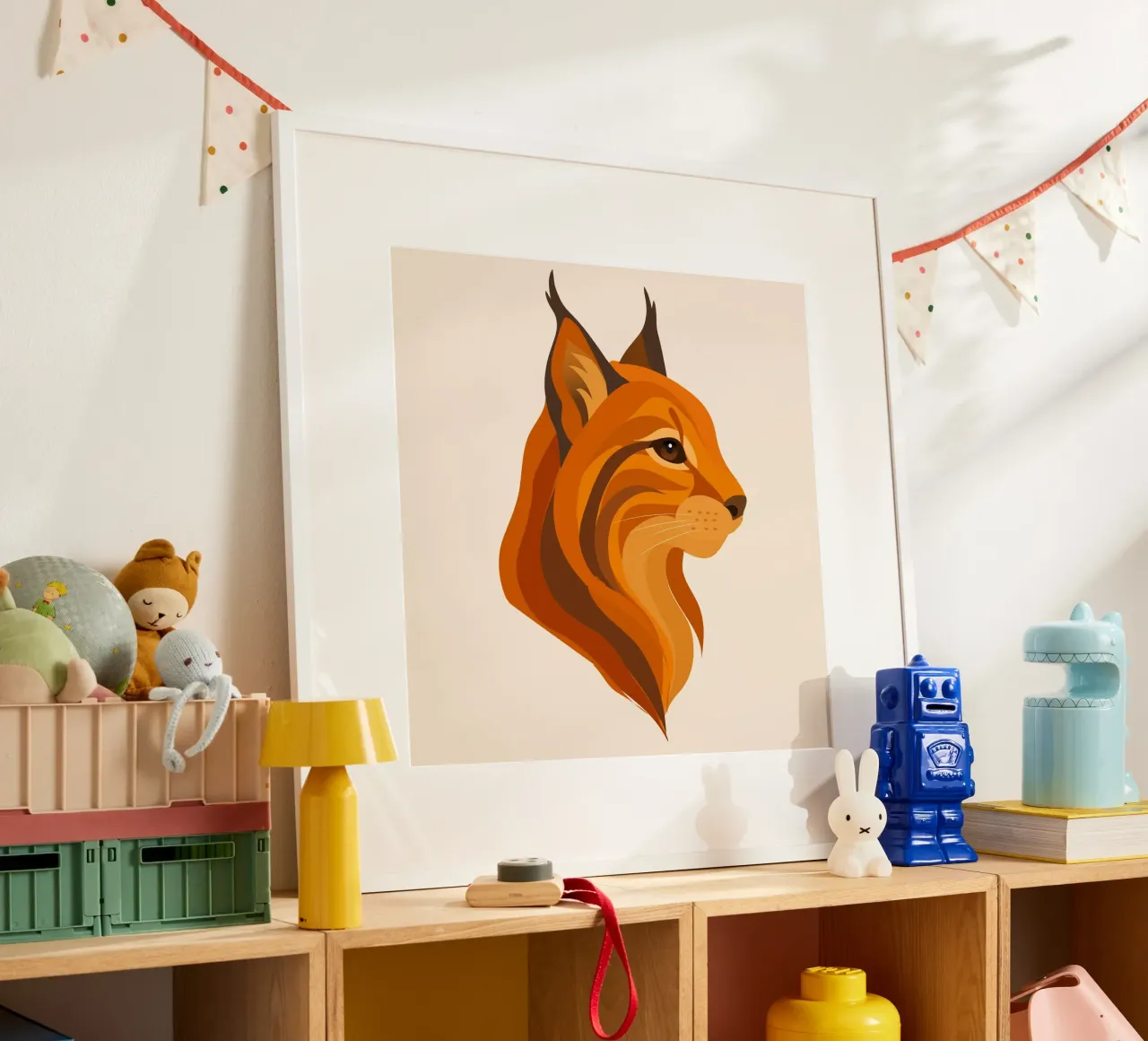 Elegante testa di lince - Potente gatto selvatico dai colori caldi poster con telaio in legno da namosh