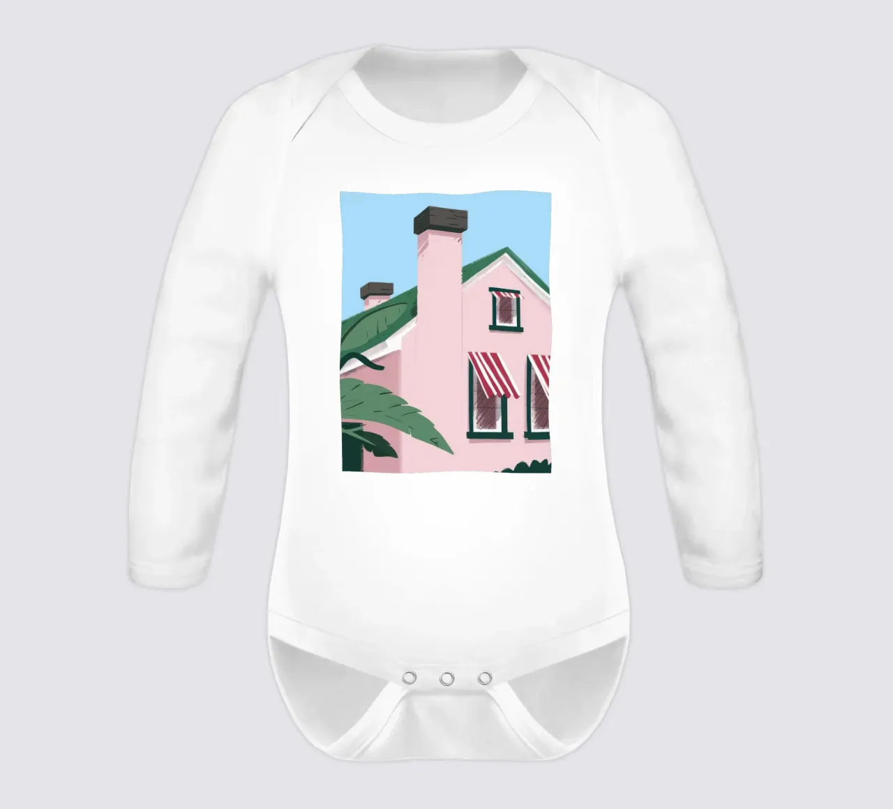 Suburban Pink Tranquility long-sleeve baby romper by Ember Stone