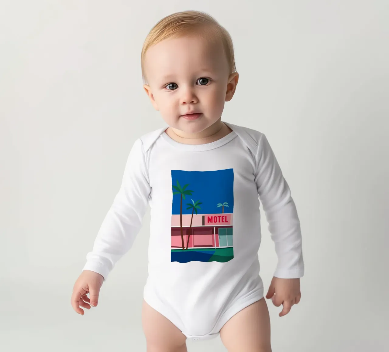 Retro Motel Palms long-sleeve baby romper by Ember Stone
