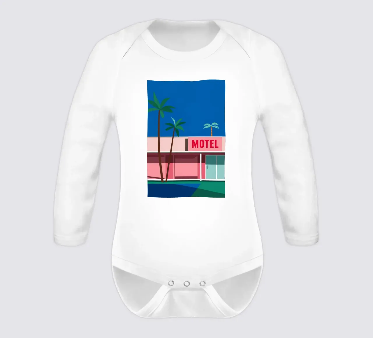 Retro Motel Palms long-sleeve baby romper by Ember Stone