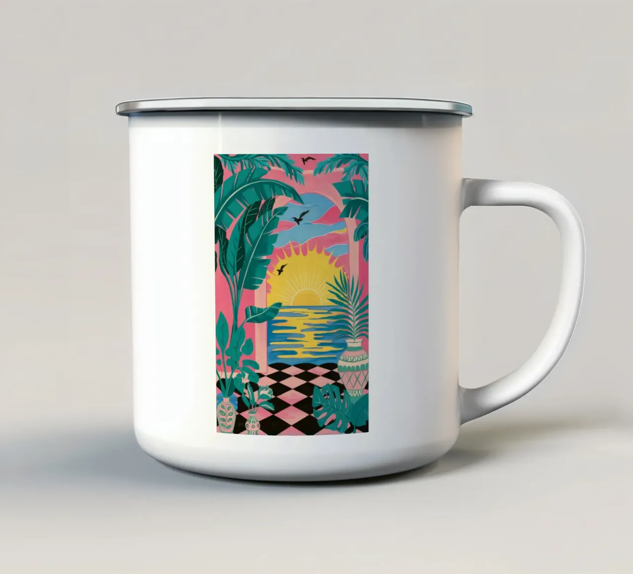 Fuga al tramonto a scacchi tazza in smalto da Ember Stone