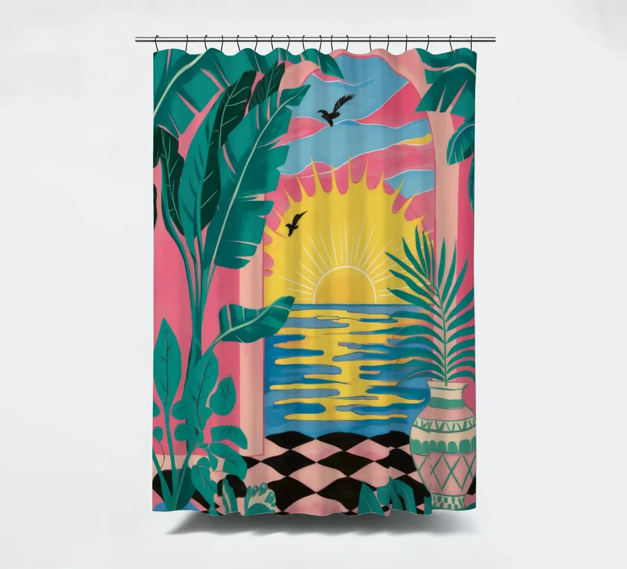 Checkered Sunset Escape shower curtain by Ember Stone