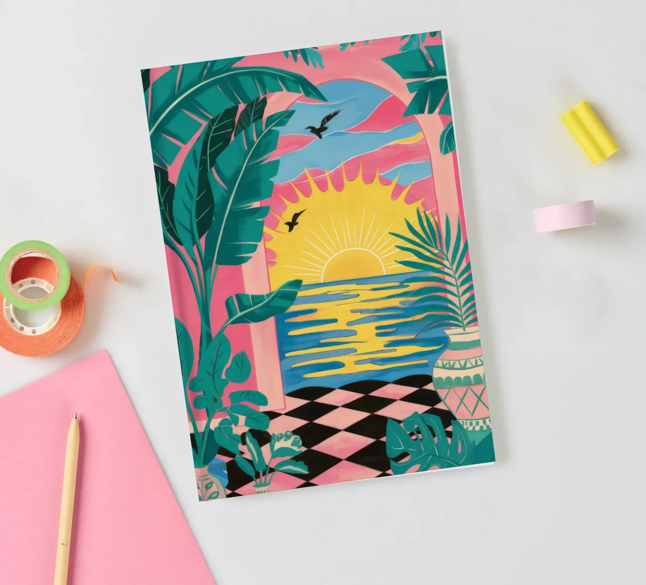 Checkered Sunset Escape notebook by Ember Stone