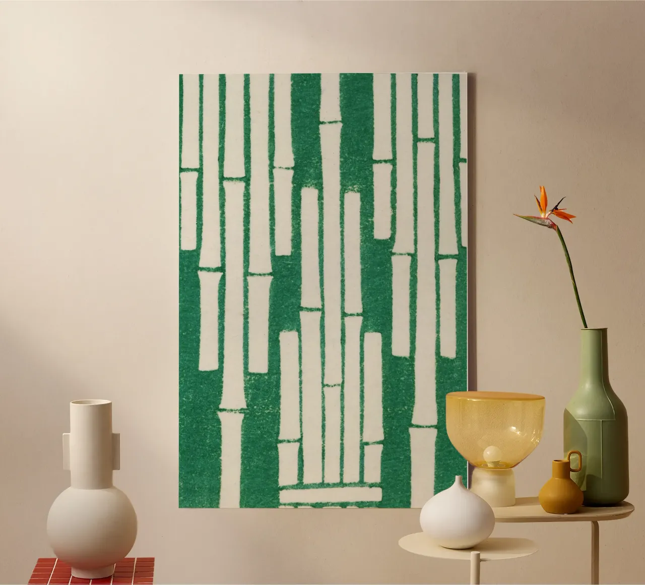 Vintage woodblock print of Japanese textile bamboo canvas met Baklijst van vintageshop