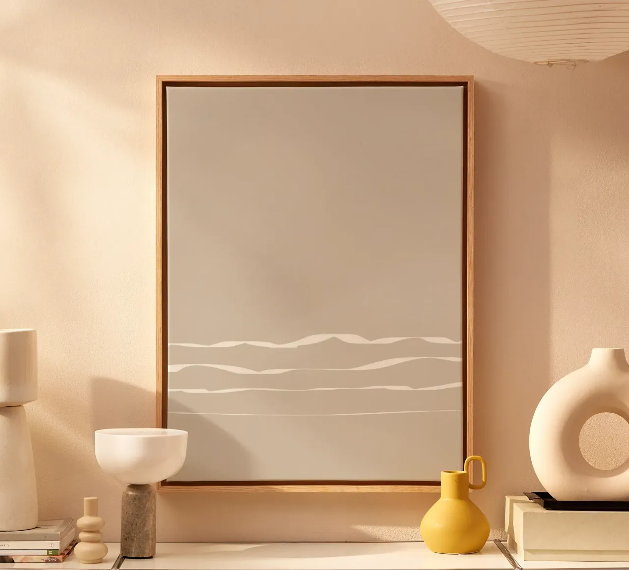 Japanese minimalist artwork with white lines canvas with Floater frame by Imaginative