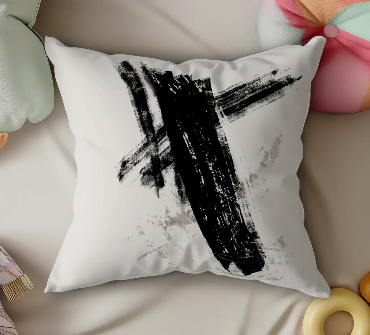 Modern abstract with large black brush strokes kussen van Imaginative