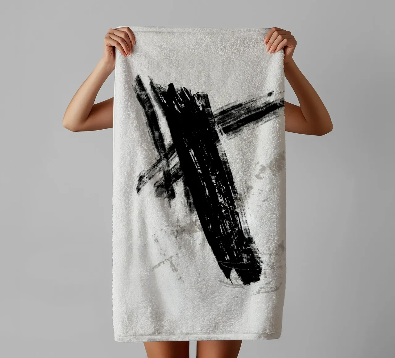 Modern abstract with large black brush strokes towel by Imaginative