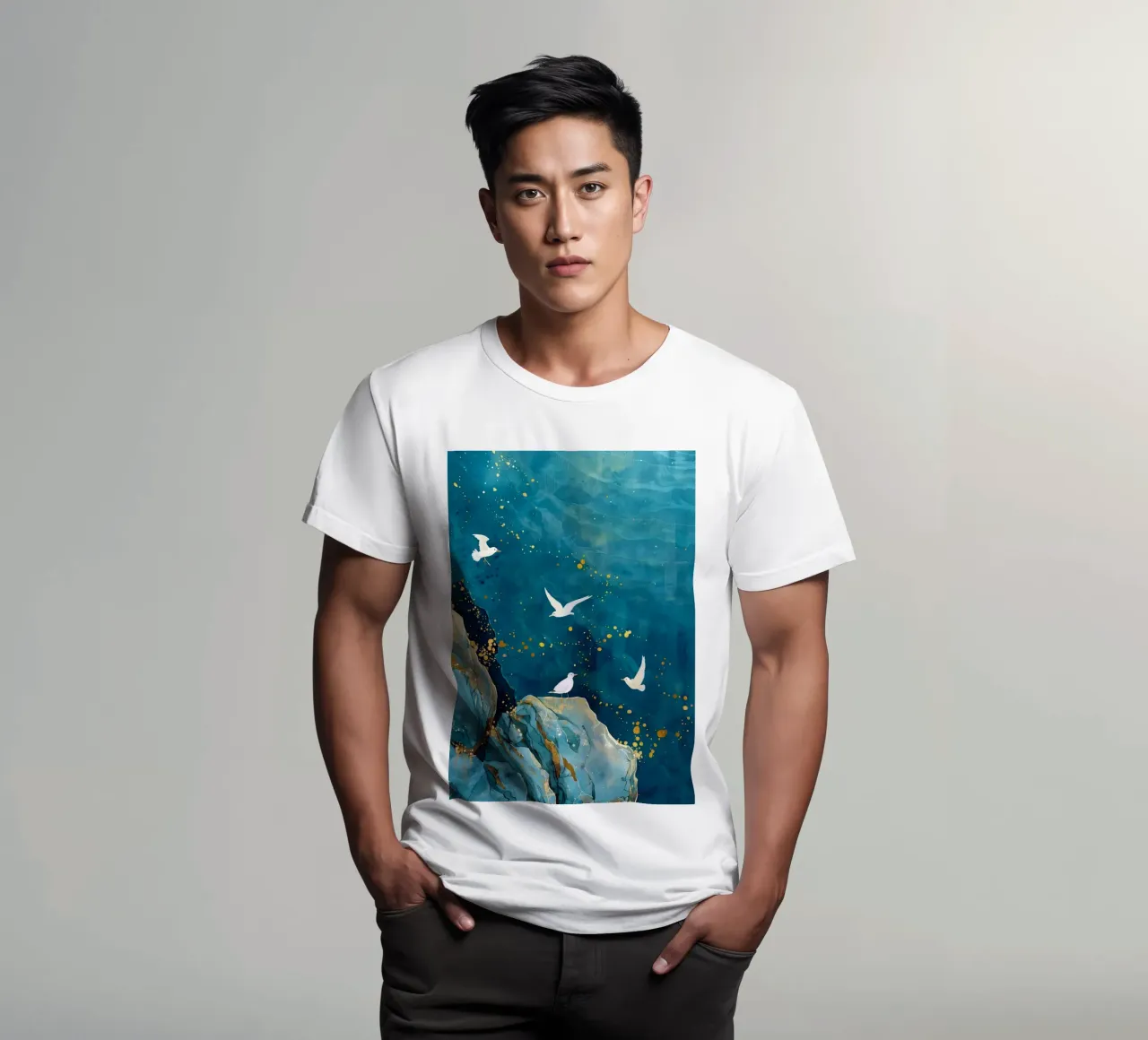 Zeemeeuwen en oceaan t-shirt van Lionmixart