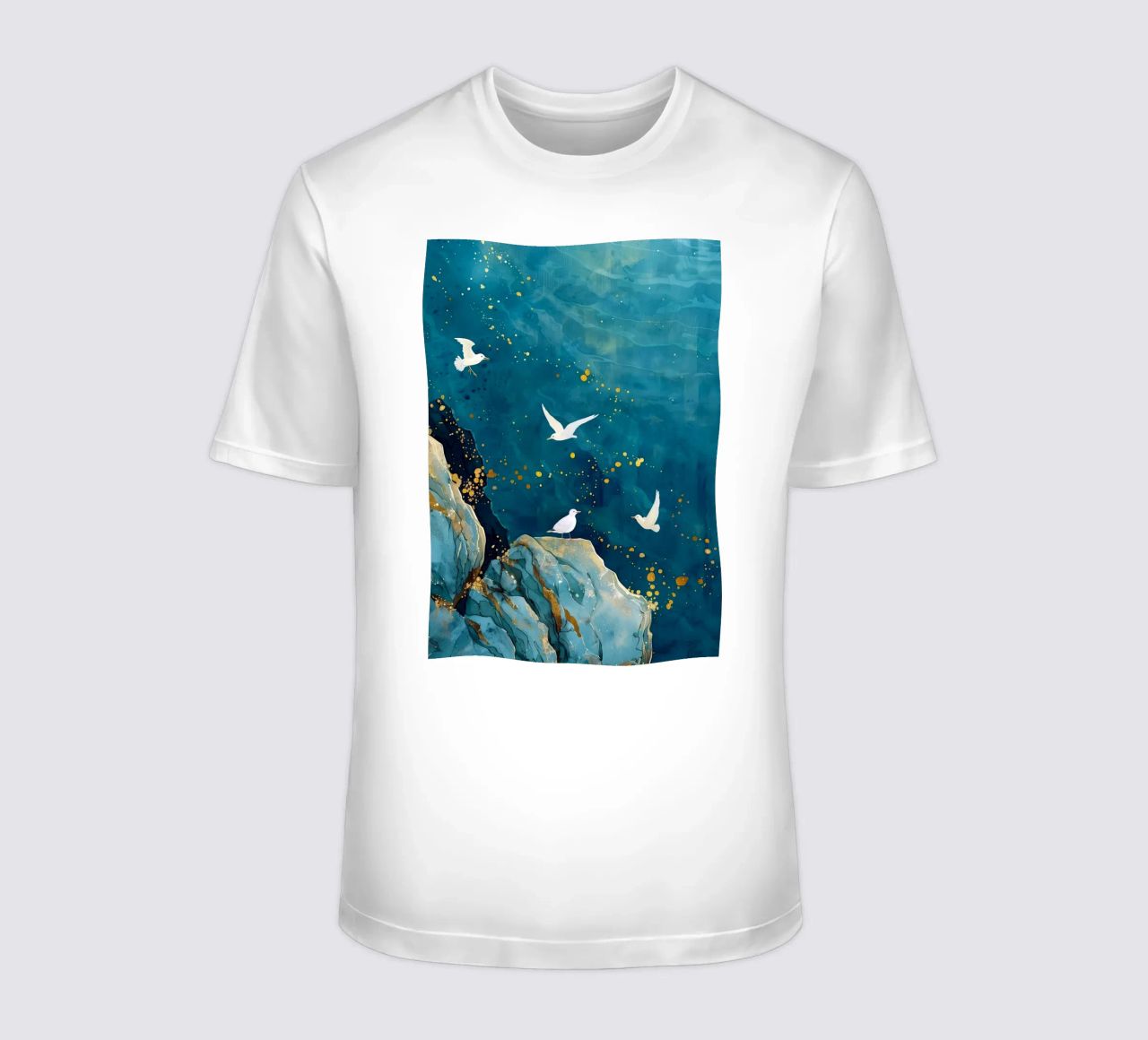 Zeemeeuwen en oceaan t-shirt van Lionmixart