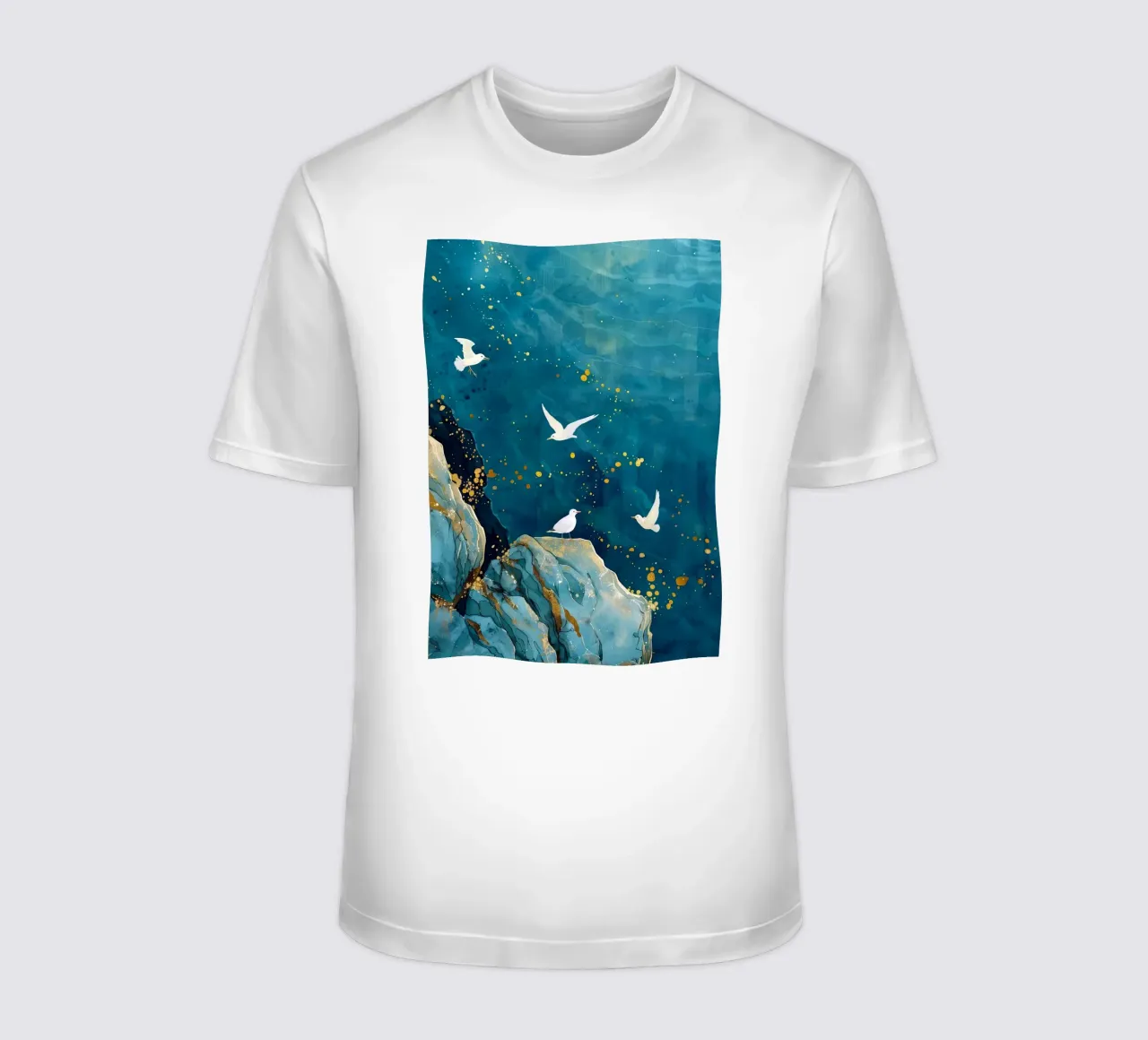 Zeemeeuwen en oceaan t-shirt van Lionmixart