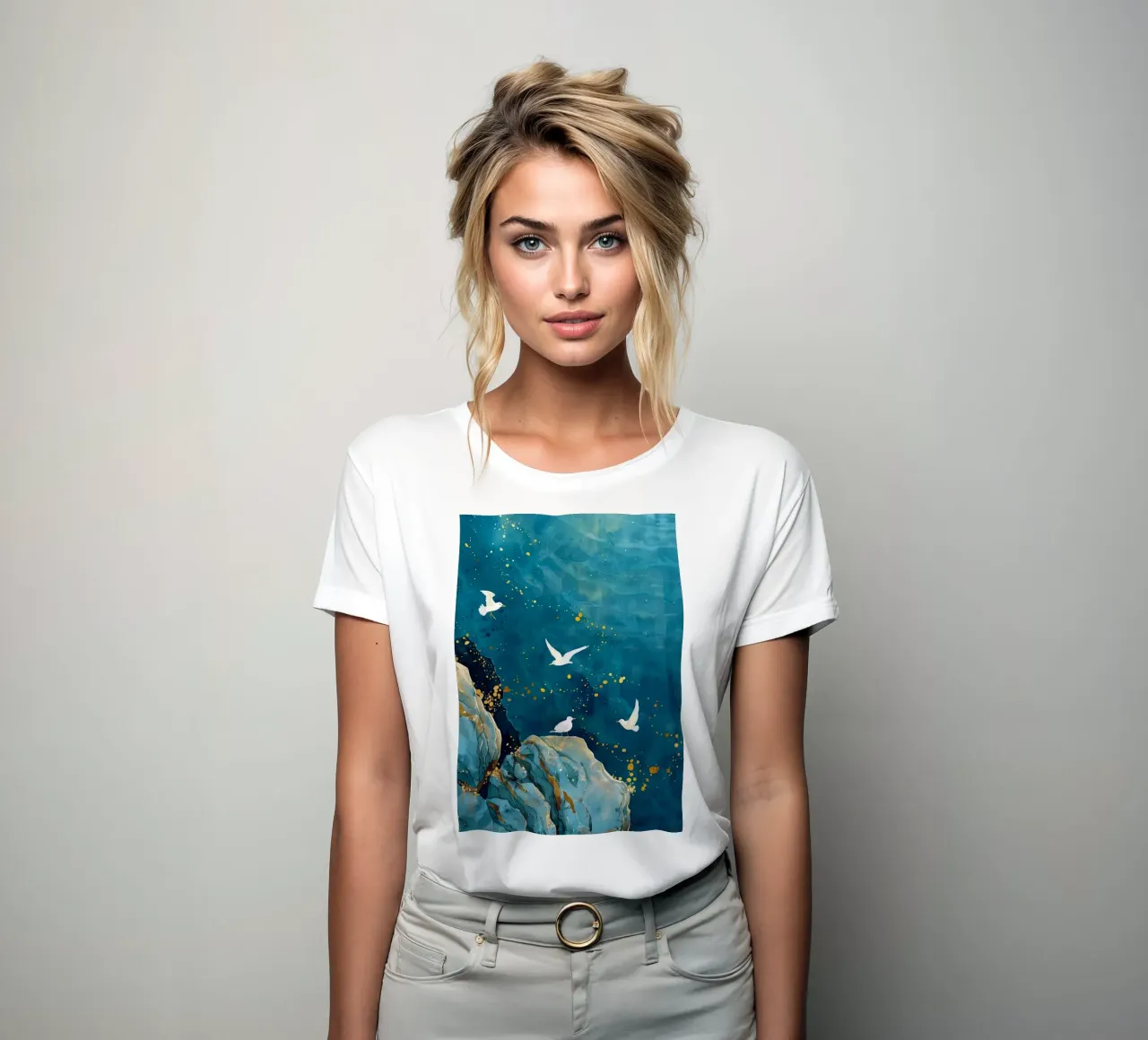 Zeemeeuwen en oceaan dames t-shirt getailleerd van Lionmixart