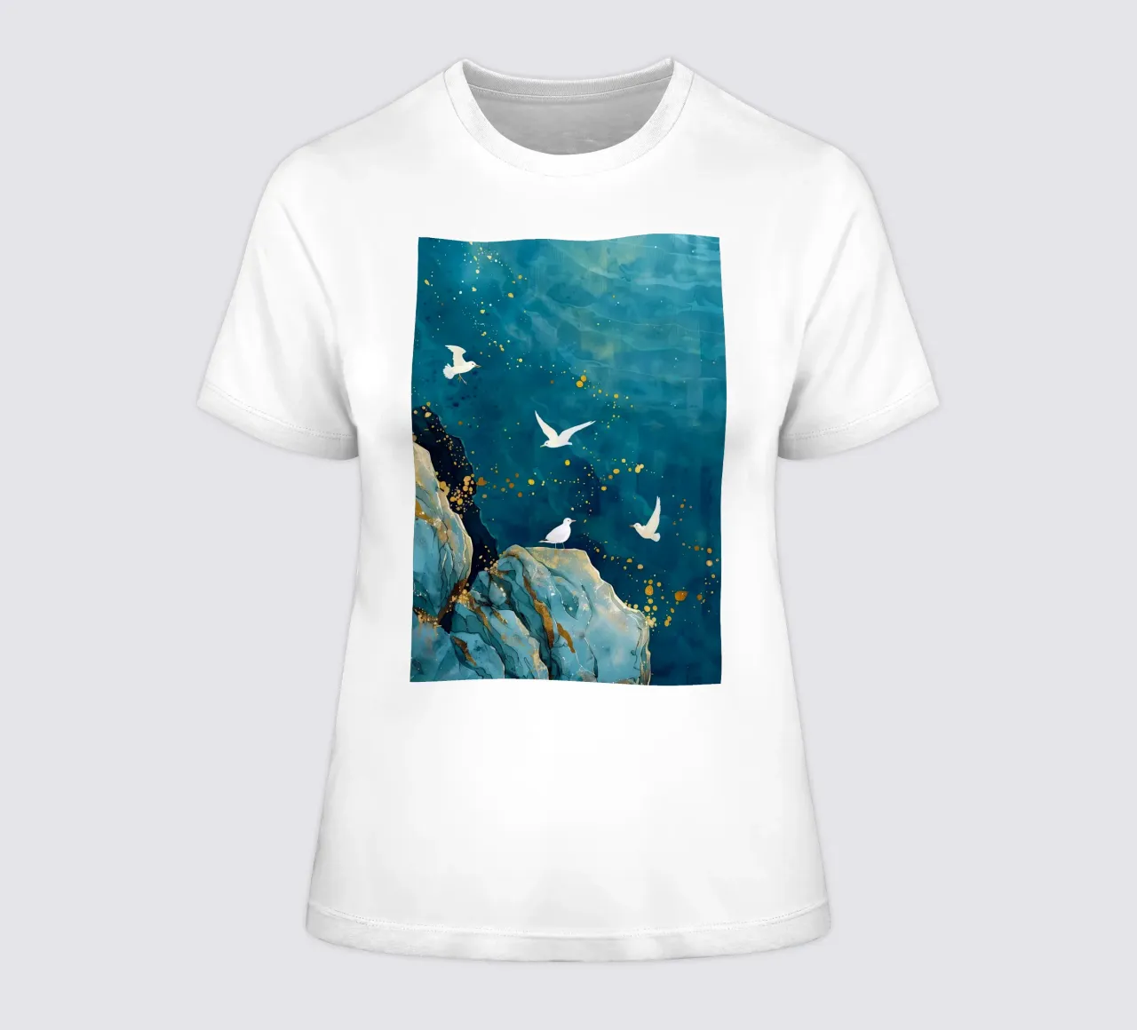 Zeemeeuwen en oceaan dames t-shirt getailleerd van Lionmixart