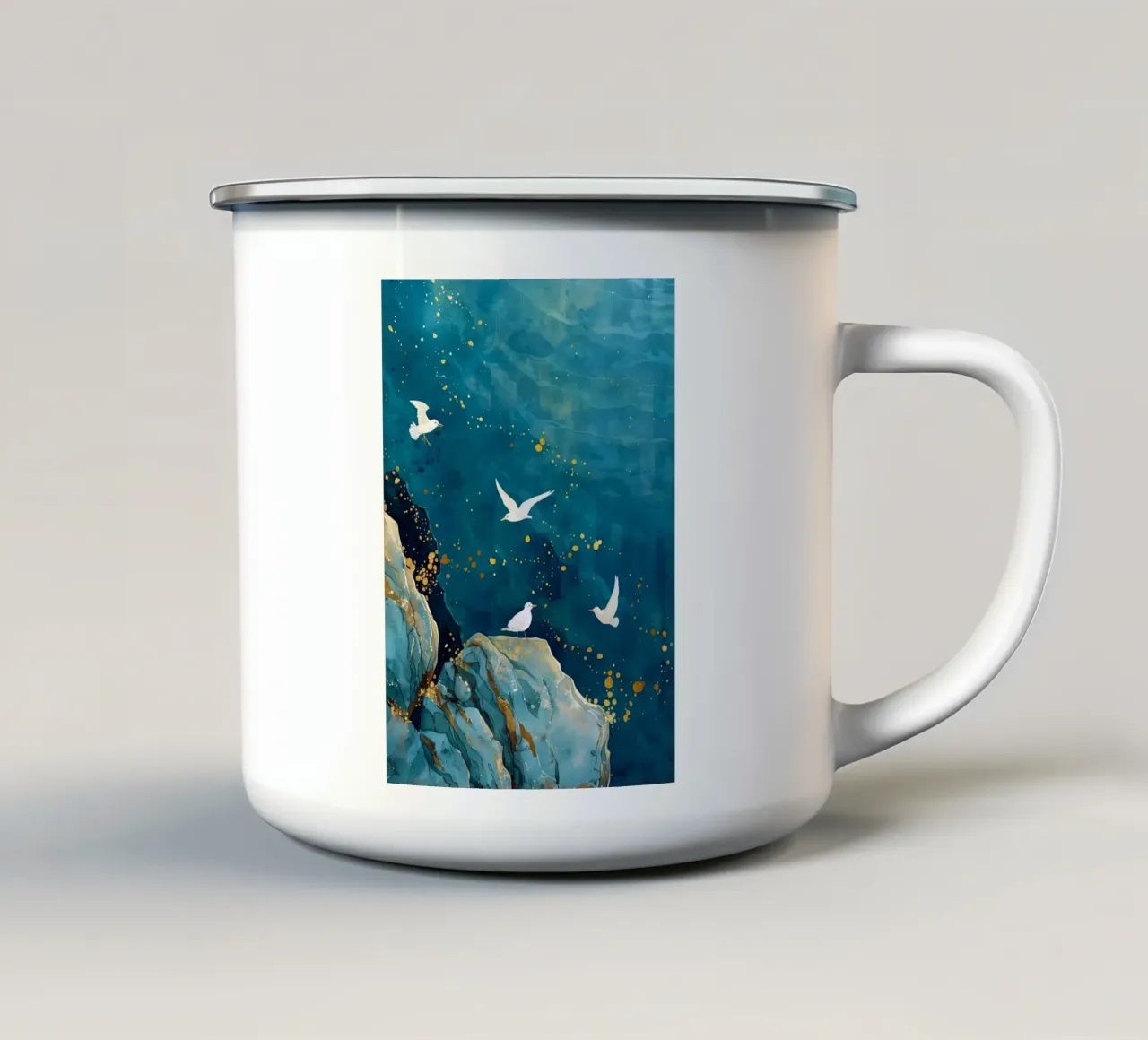 Gaviotas y océano taza de esmalte de Lionmixart