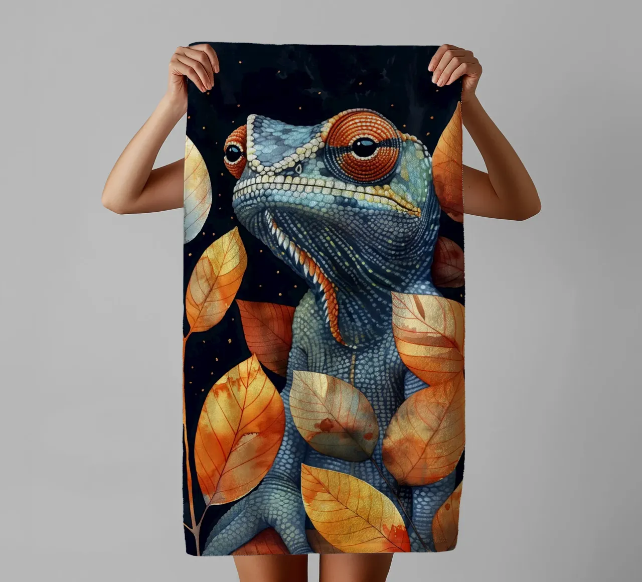 Chameleon towel by Lionmixart