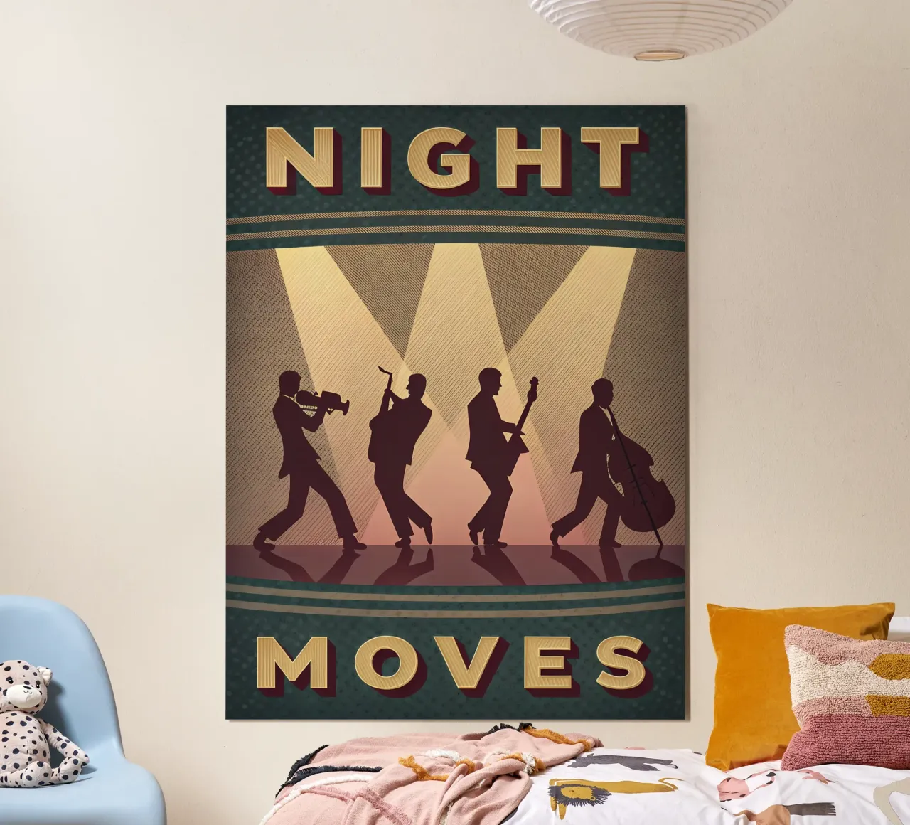 Silhouette di band jazz retrò Night Moves poster con telaio in plastica da Jester Krew Art