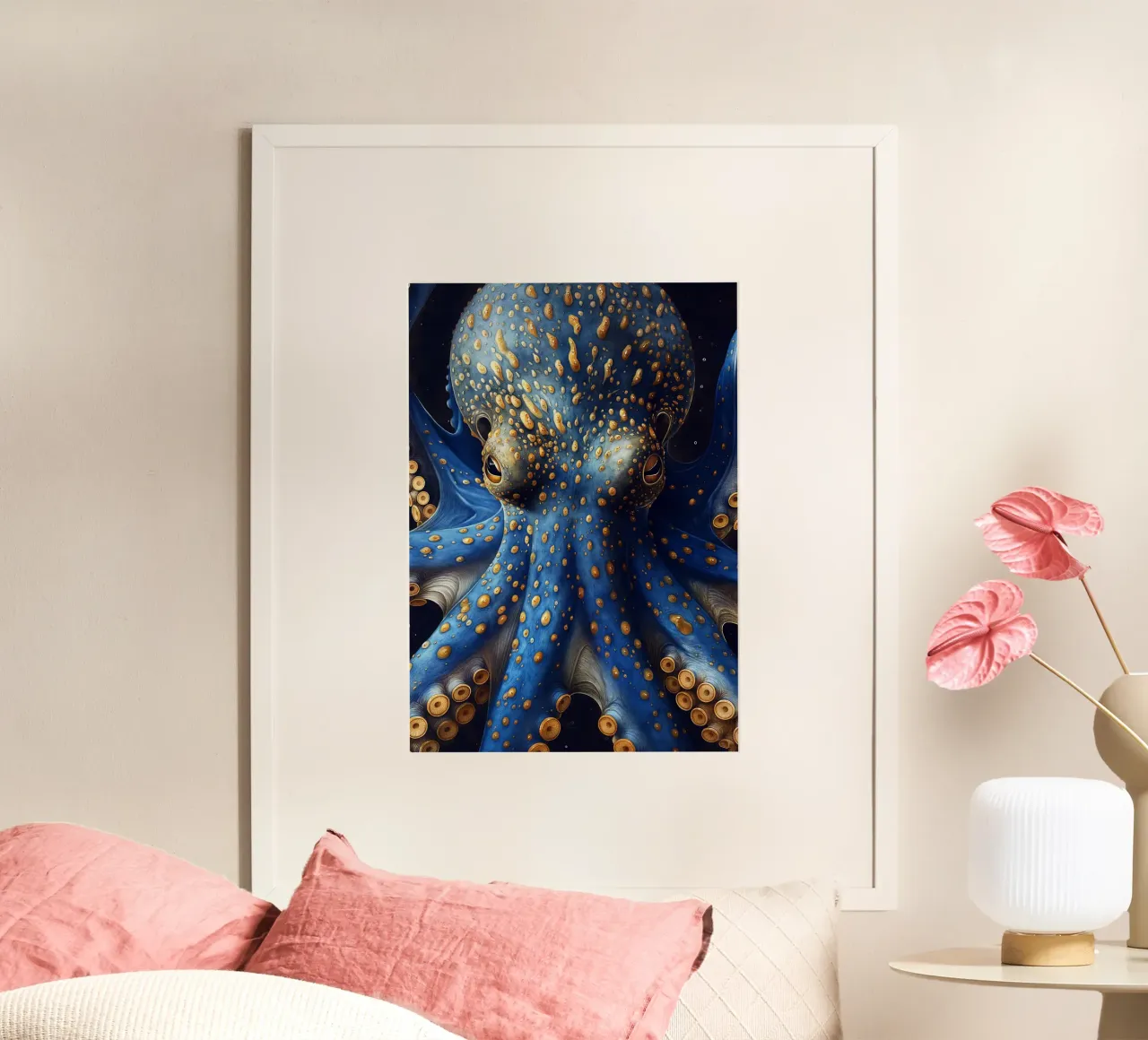 Polpo blu poster con telaio in legno da Lionmixart