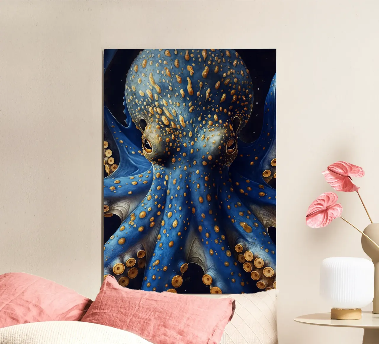 Polpo blu poster con telaio in legno da Lionmixart