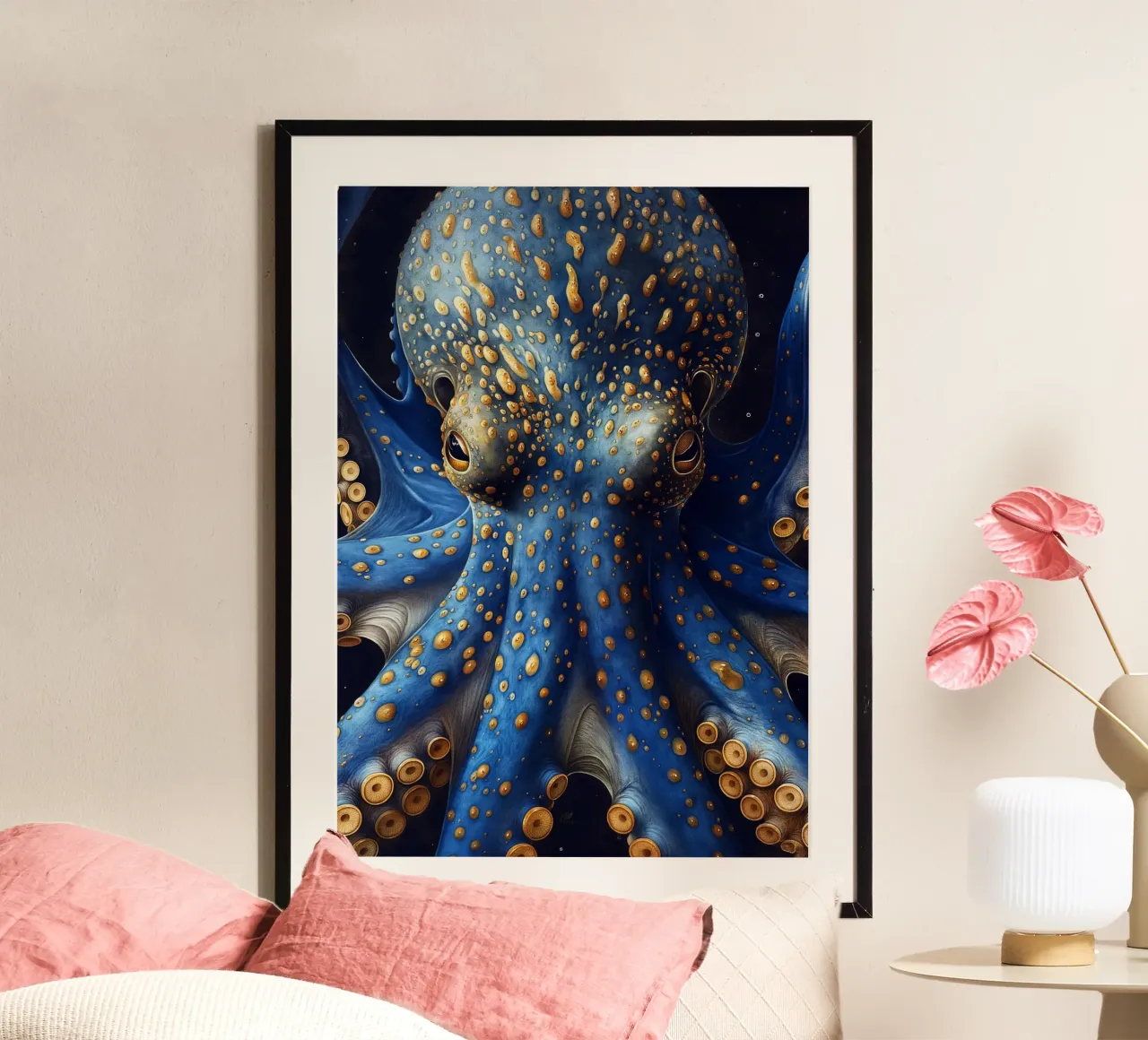 Polpo blu poster con telaio in legno da Lionmixart