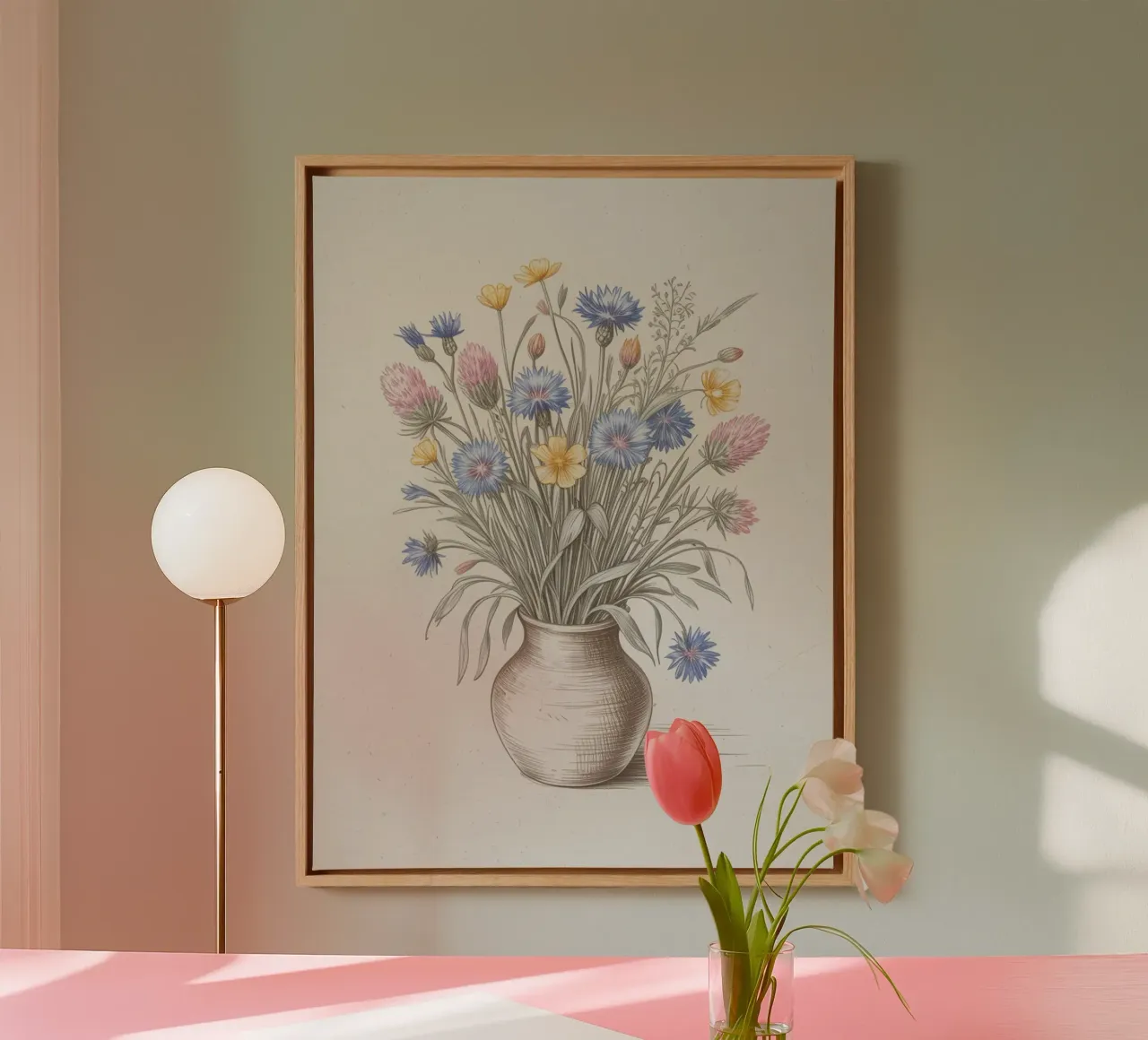 Wilde bloemen in vaas - Handgetekende botanische kunst canvas met Baklijst van logic