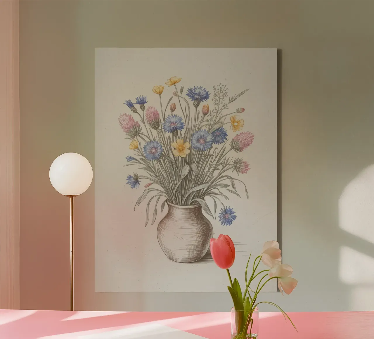 Wilde bloemen in vaas - Handgetekende botanische kunst canvas met Baklijst van logic