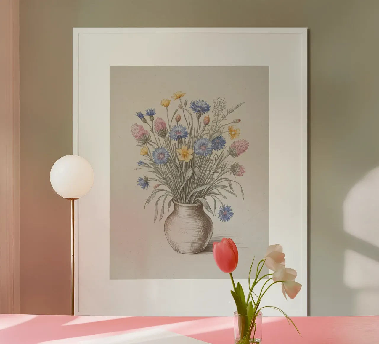 Wildblumen in der Vase - Handgezeichnete botanische Kunst Poster mit Kunststoffrahmen von logic