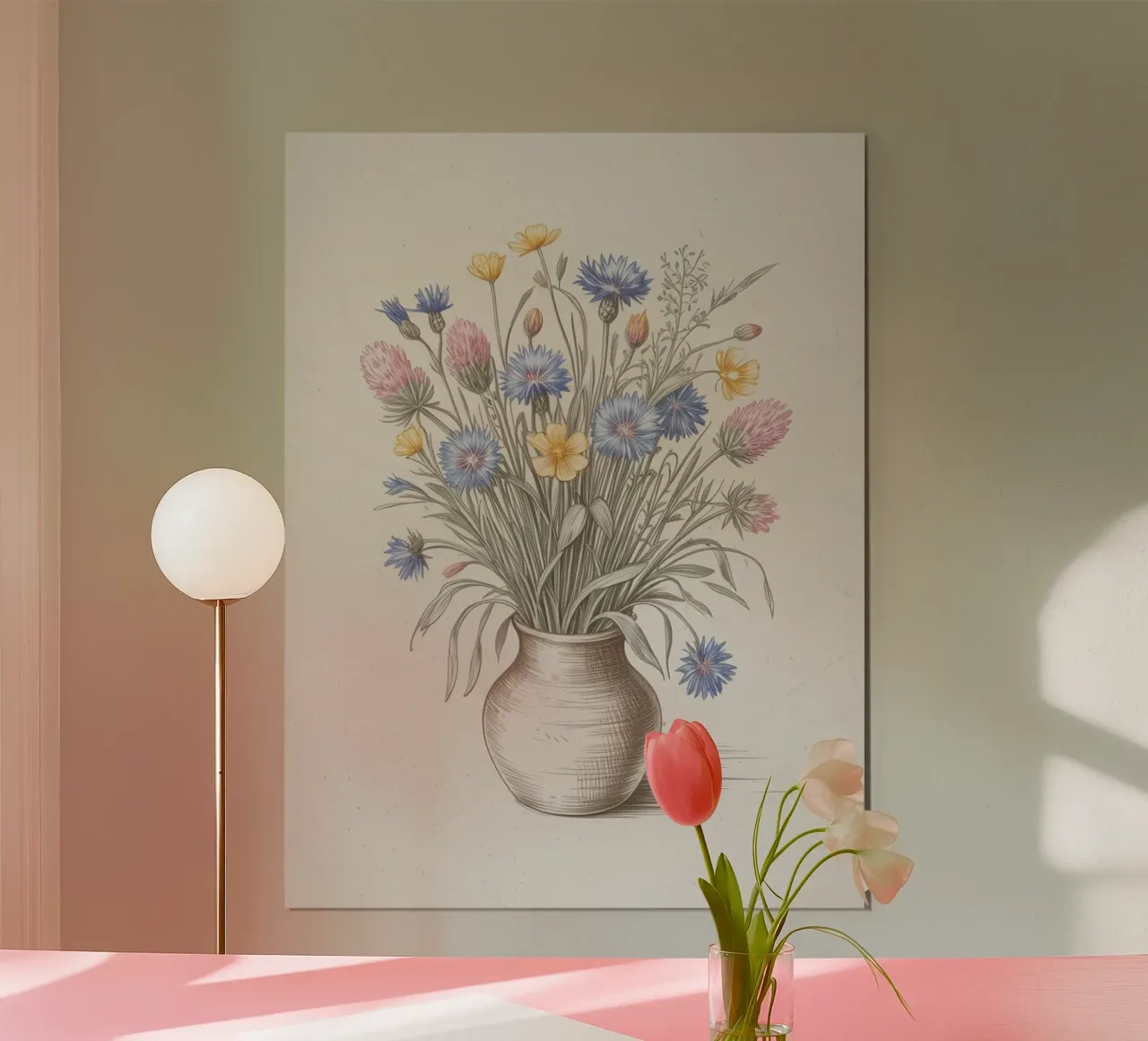 Wildblumen in der Vase - Handgezeichnete botanische Kunst Poster mit Kunststoffrahmen von logic