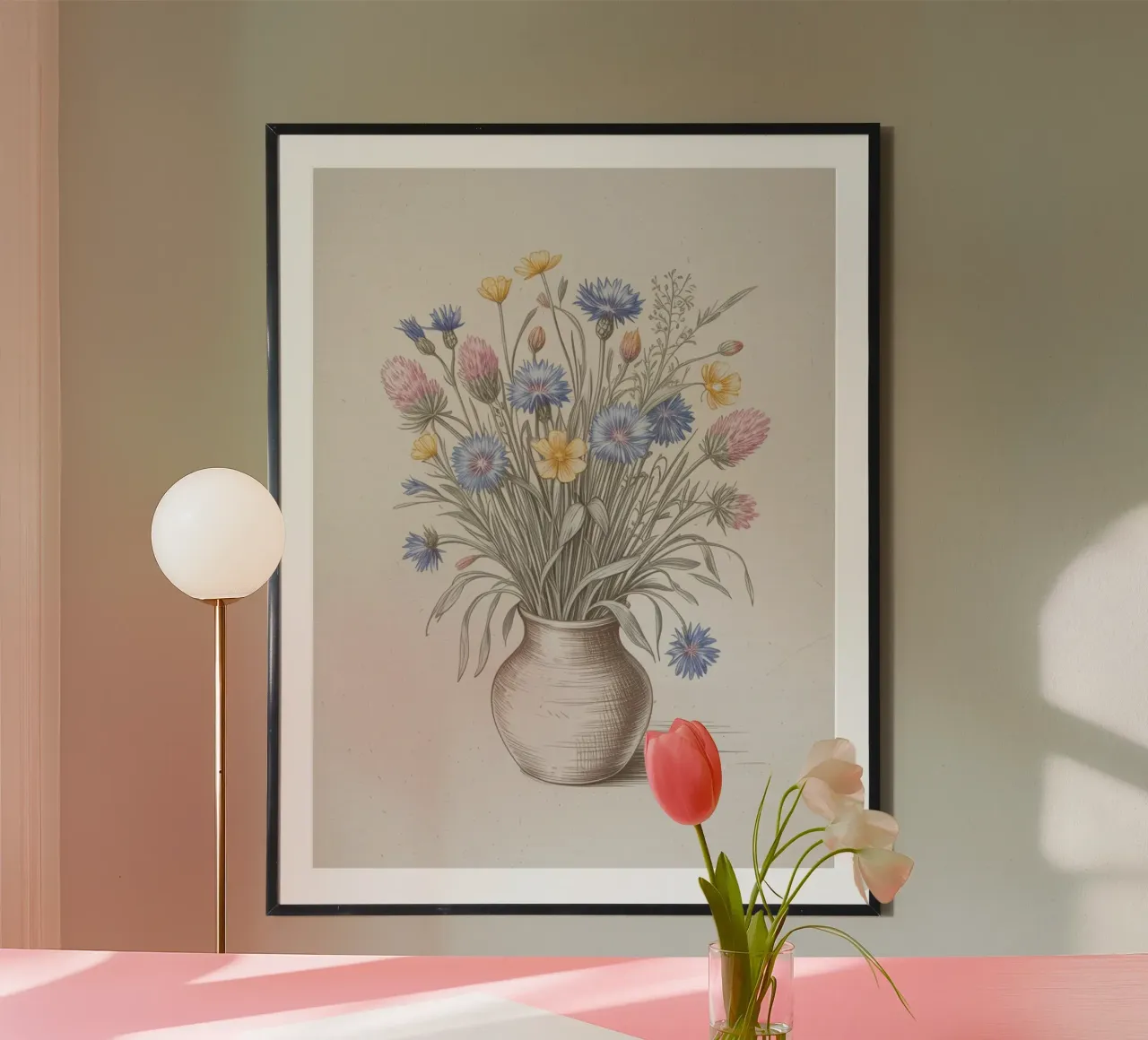Wildblumen in der Vase - Handgezeichnete botanische Kunst Poster mit Kunststoffrahmen von logic