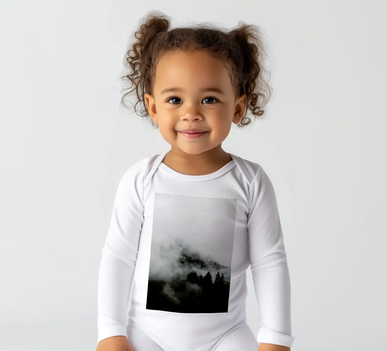 Black Foggy Forests long-sleeve baby romper by Studio Nahili