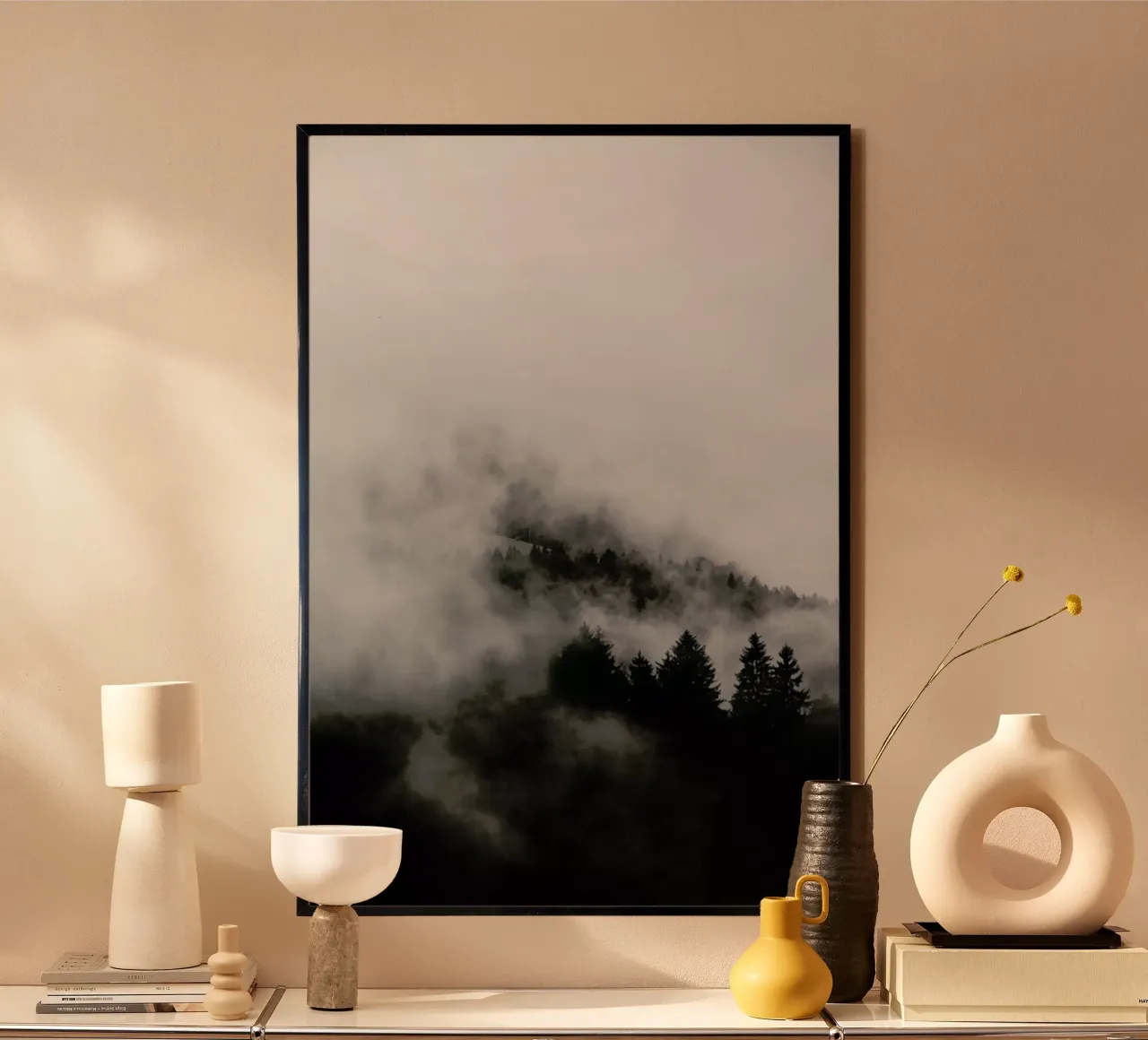 Black Foggy Forests poster con telaio in plastica da Studio Nahili