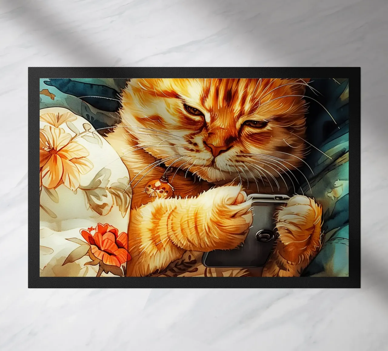 Gatto con smartphone zerbino da Lionmixart