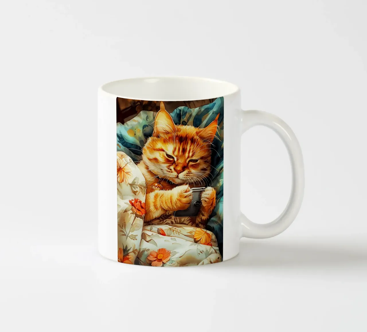 Gatto con smartphone tazza in ceramica da Lionmixart