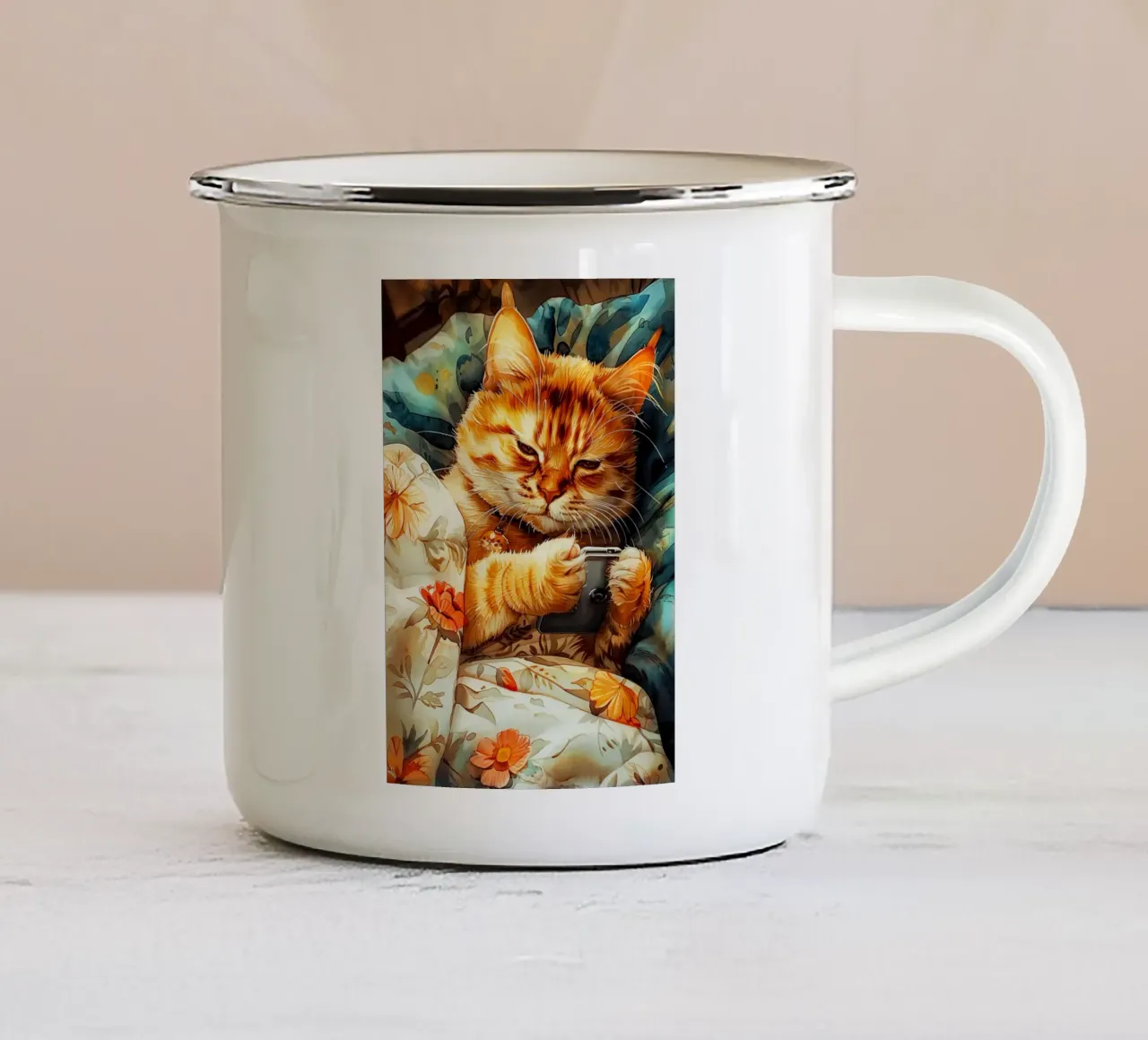 Gato con smartphone taza de esmalte de Lionmixart
