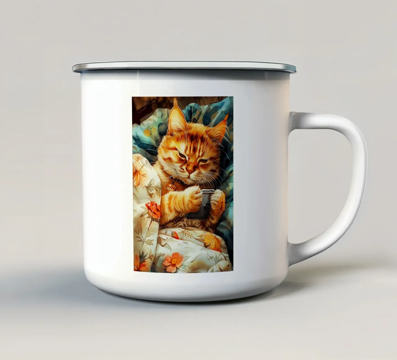 Gato con smartphone taza de esmalte de Lionmixart