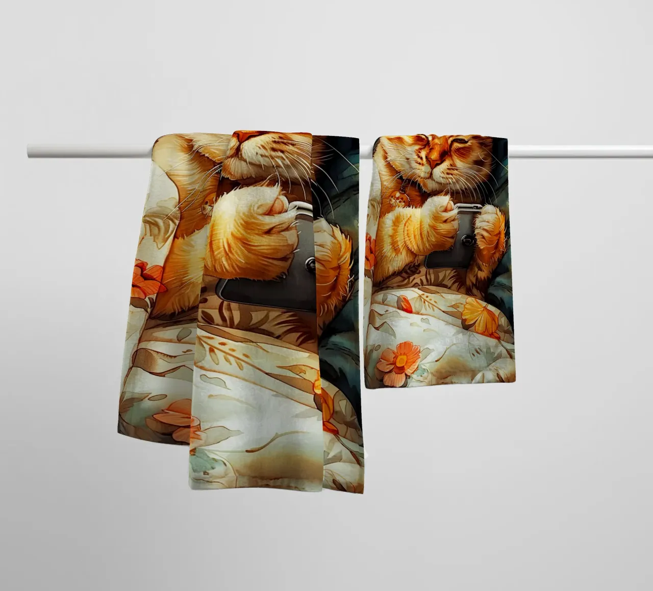 Cat with smartphone towel by Lionmixart