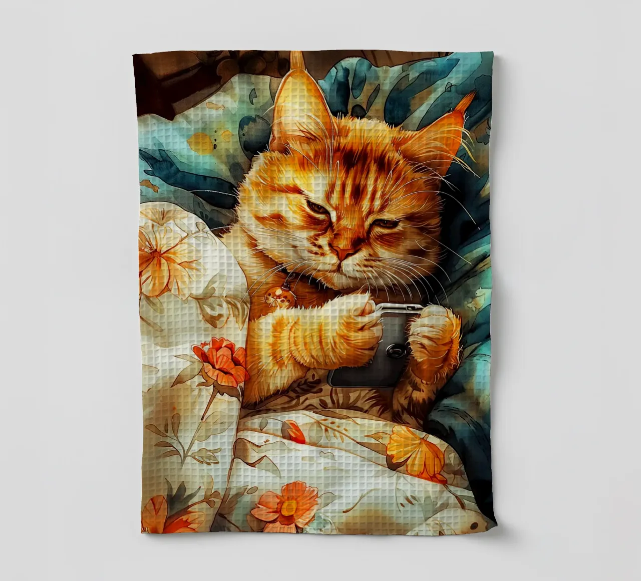 Chat avec smartphone torchon de Lionmixart