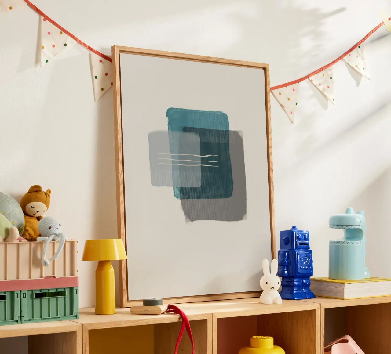 Modern abstract shapes in retro style with blue and grey Acryl-Glas von Imaginative