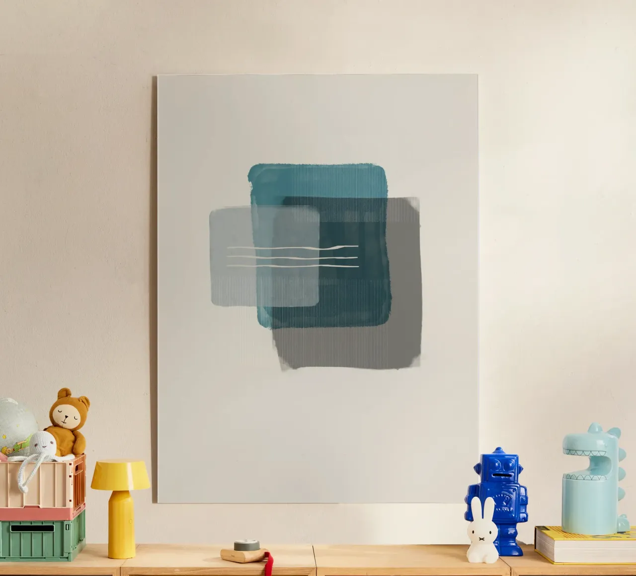 Modern abstract shapes in retro style with blue and grey Acryl-Glas von Imaginative