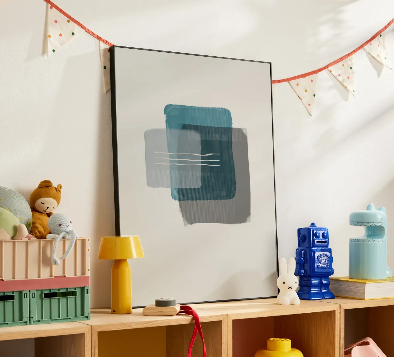Modern abstract shapes in retro style with blue and grey Alu-Dibond von Imaginative