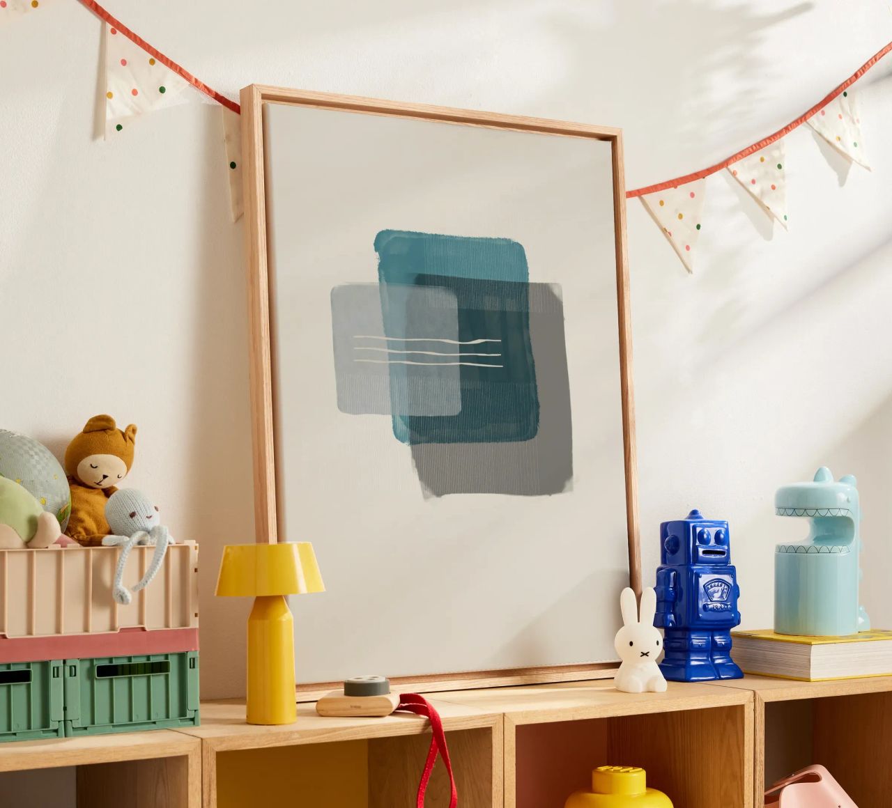 Modern abstract shapes in retro style with blue and grey tela da Imaginative
