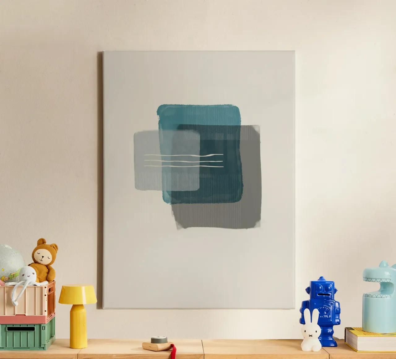 Modern abstract shapes in retro style with blue and grey canvas van Imaginative